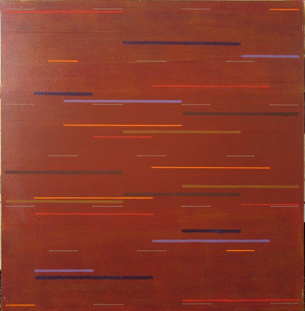 A rectangular canvas with a reddish-brown background featuring numerous horizontal lines in colors such as orange, yellow, purple, and dark brown. The lines vary in length and thickness.
